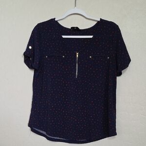 Workshop Republic Clothing Navy Blouse with Red Dot Print and Gold Zip Accent